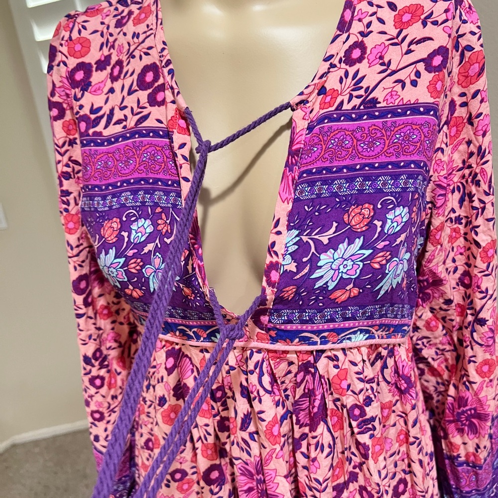 Bohemian Boho Hippie‎ Modest Paisley Floral Peasant Lounge Midi Dress Size Small - Picture 3 of 11
